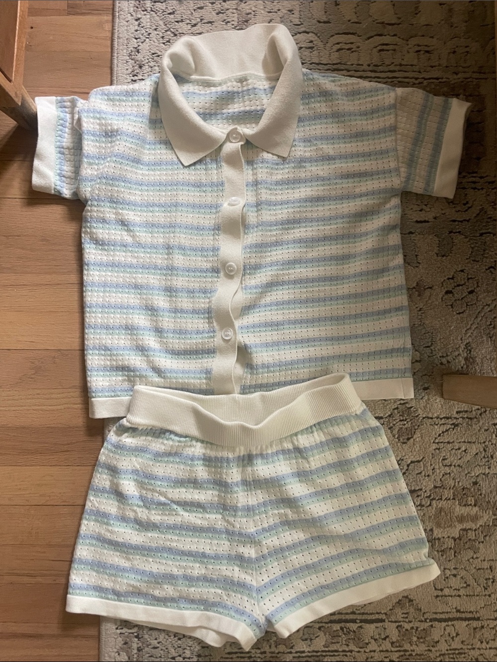 Women’s Button Down and shorts Cream & Light Blue Striped Knit Polo Set